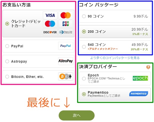 stripchatのコイン購入画面
