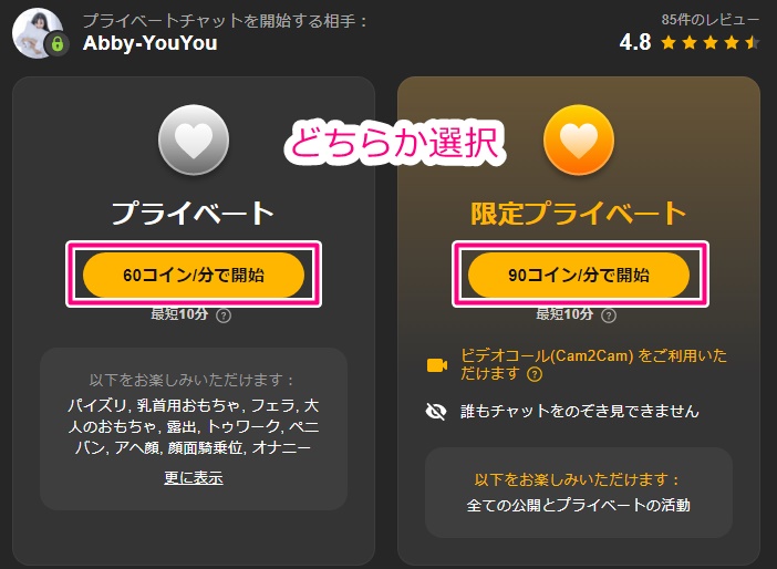 stripchatのプライベートチャットと限定2ショットの選択画面