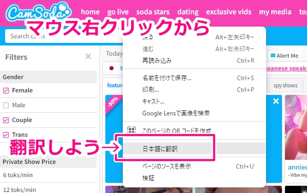 camsodaで日本語翻訳する画面
